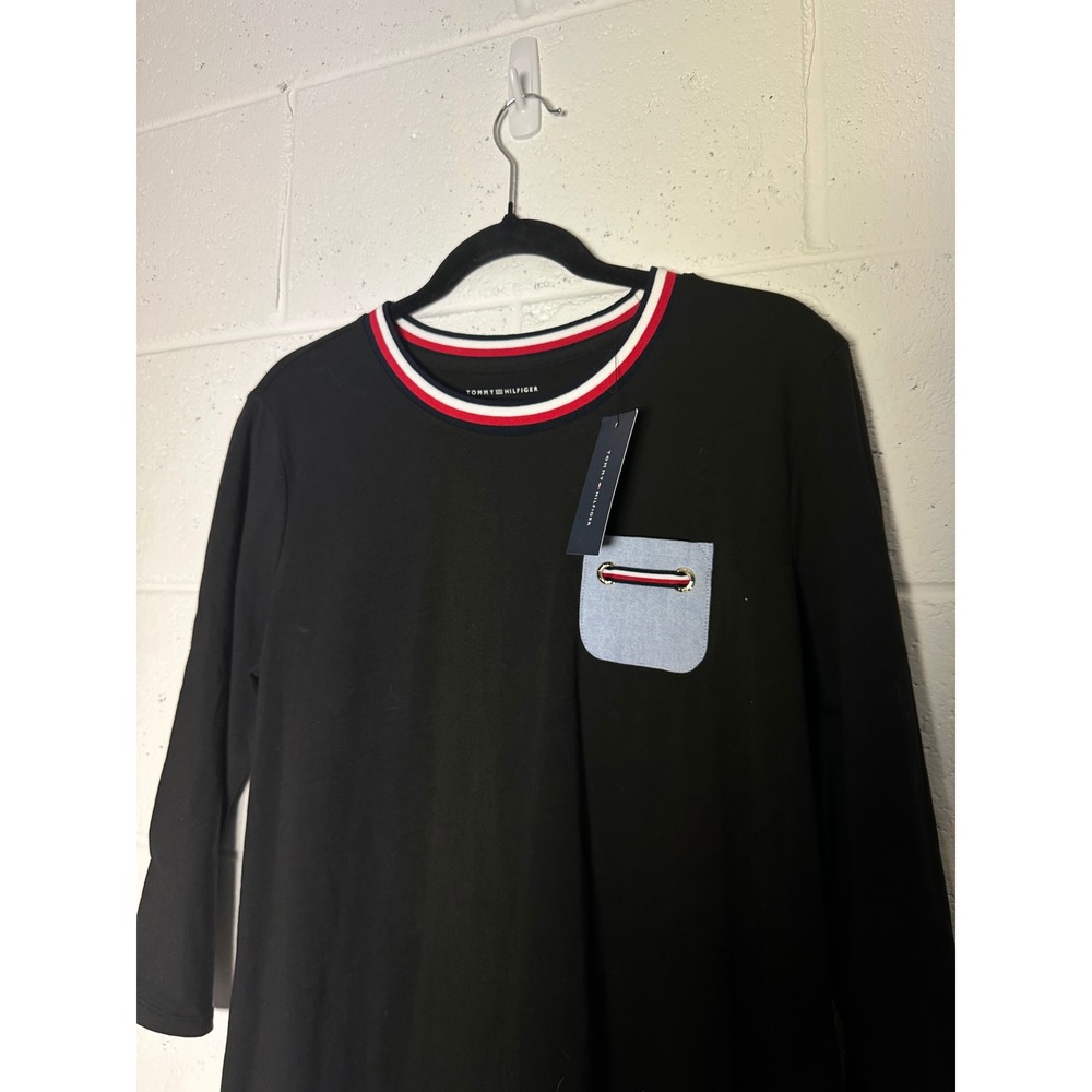 Tommy Hilfiger Black Long Sleeve Dress with Pocket and Striped Collar Size L